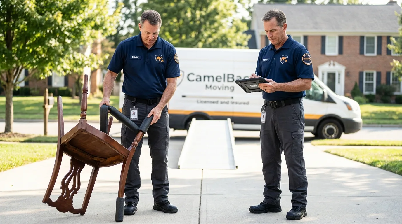 Movers inspecting furniture for damage prevention before loading in Antioch, IL