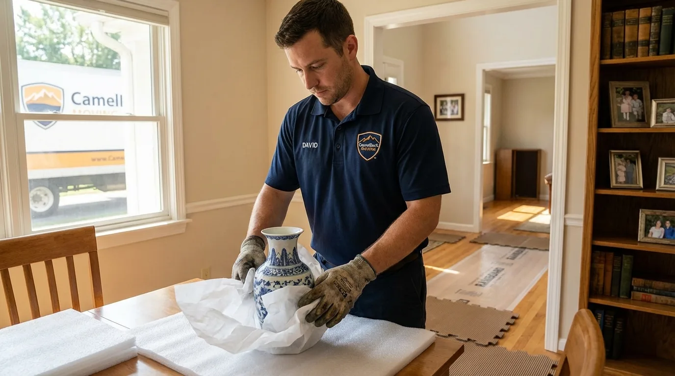 Professional crew carefully wrapping antique vase for senior downsizing move in Antioch, IL